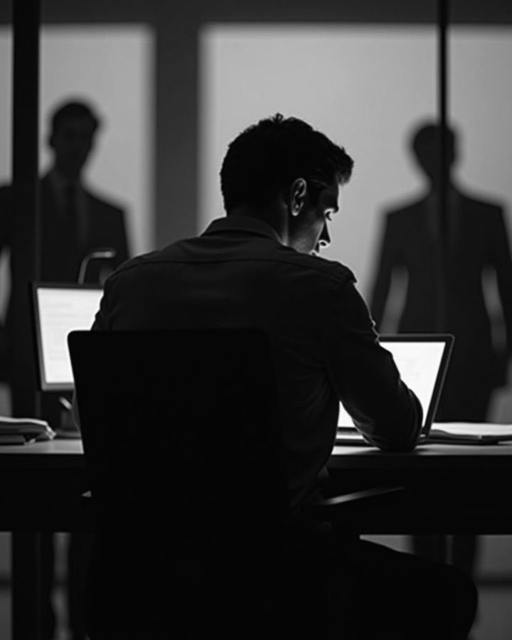 A person working late at a desk while colleagues stand nearby