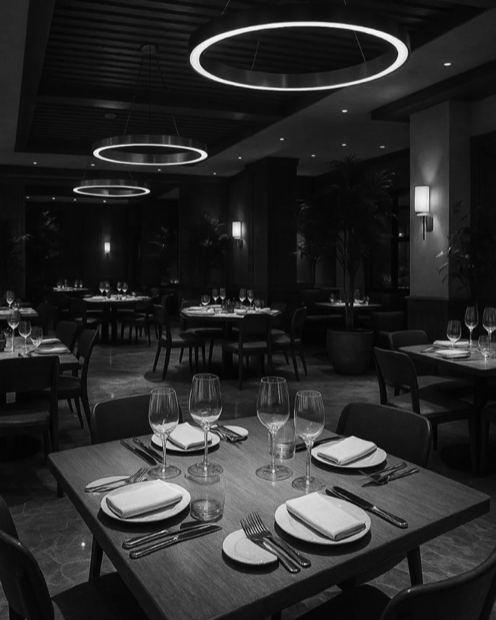 An empty restaurant table set for a group